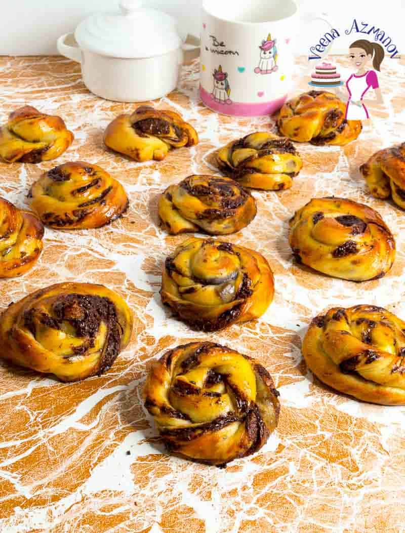 Chocolate rugelach rolls on a table.