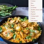 Pinterest image for skillet chicken and rice.