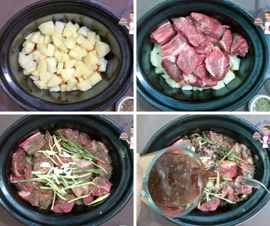 A collage of progress pictures of making beef stew.