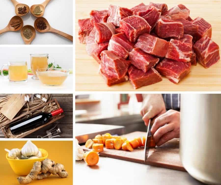 A collage of the ingredients needed for making beef stew.