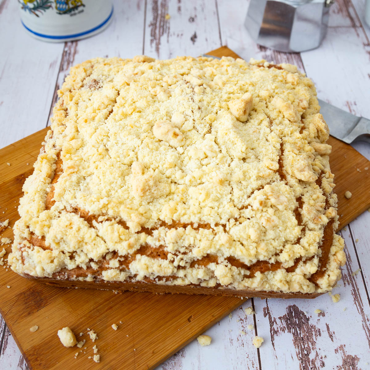 Coffee cake on a cake board.