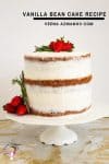 A vanilla bean cake on a cake stand.
