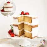A naked vanilla cake on a cake stand.