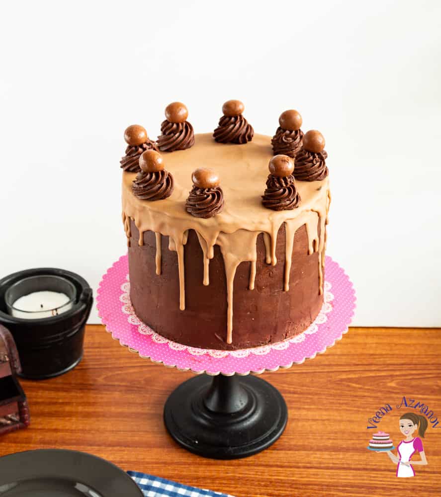 Chocolate cake on a cake stand.