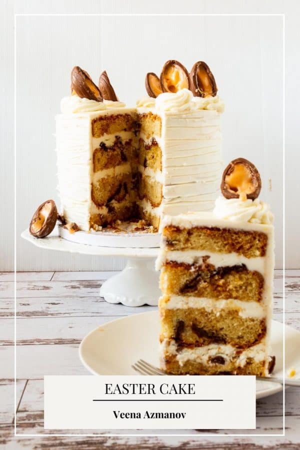 Pinterest image for Easter Cake with Cadbury Eggs.