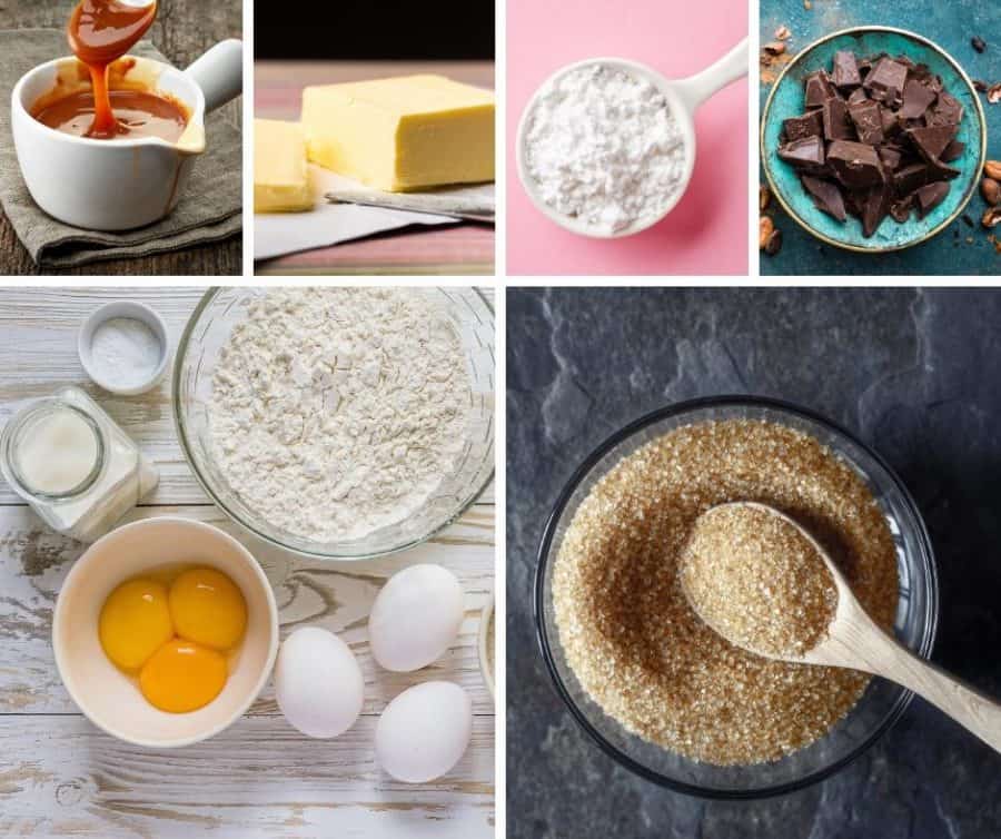 A collage of the ingredients for making caramel cupcakes.