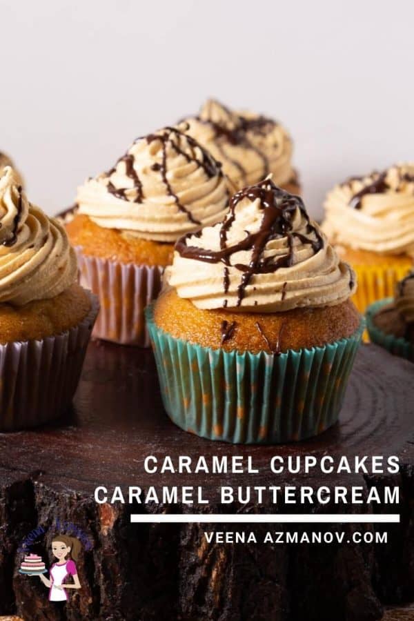 Caramel cupcakes on a wooden board.
