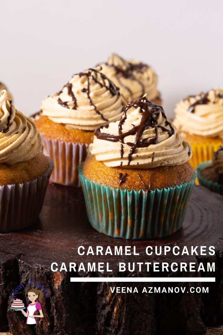 Caramel cupcakes on a wooden board.