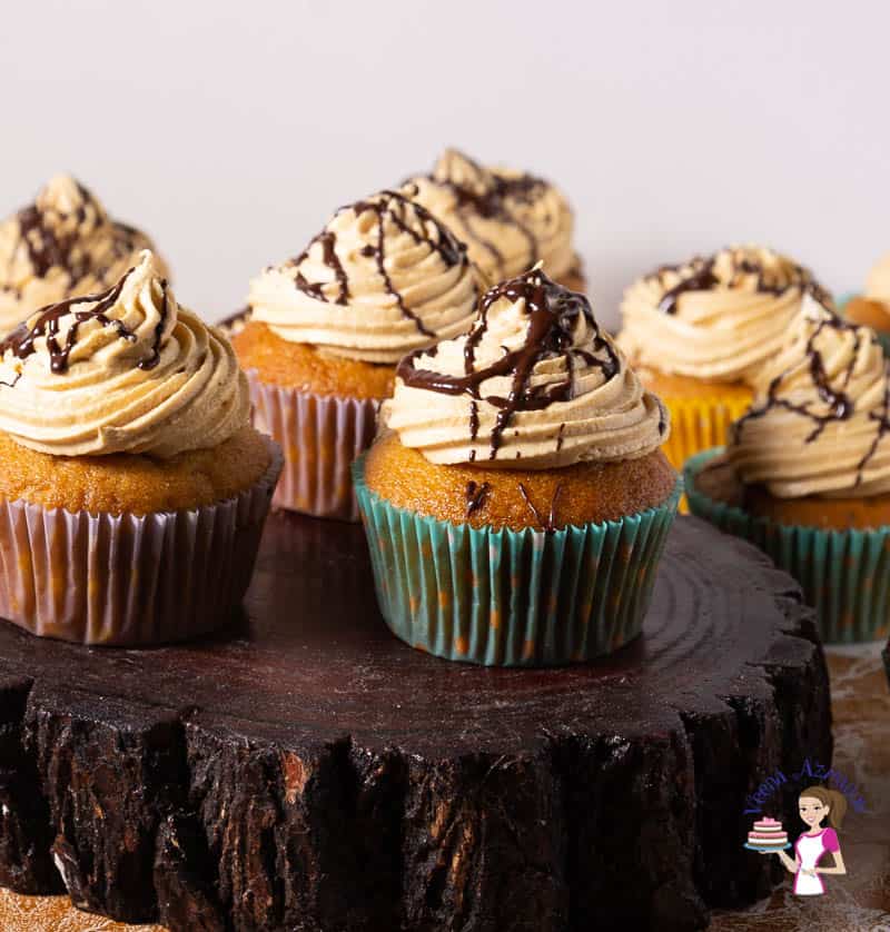 Homemade Cupcakes with caramel flavour frosted with caramel buttercream and sauce