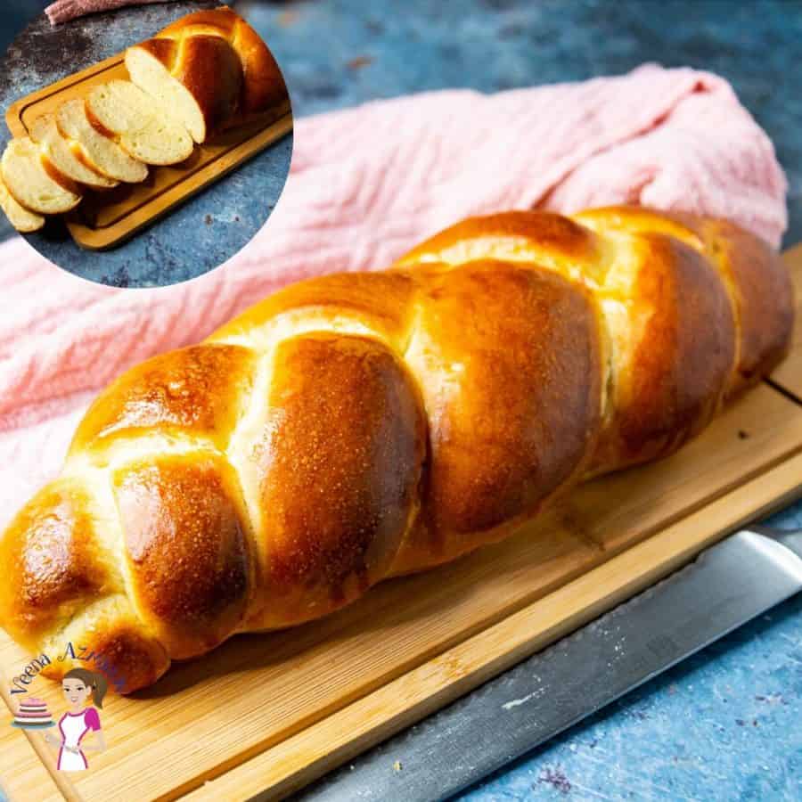 A challah bread on a cutting board.