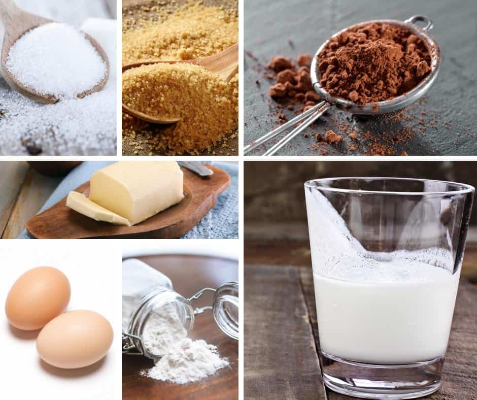 A collage of the ingredients for making chocolate cake.