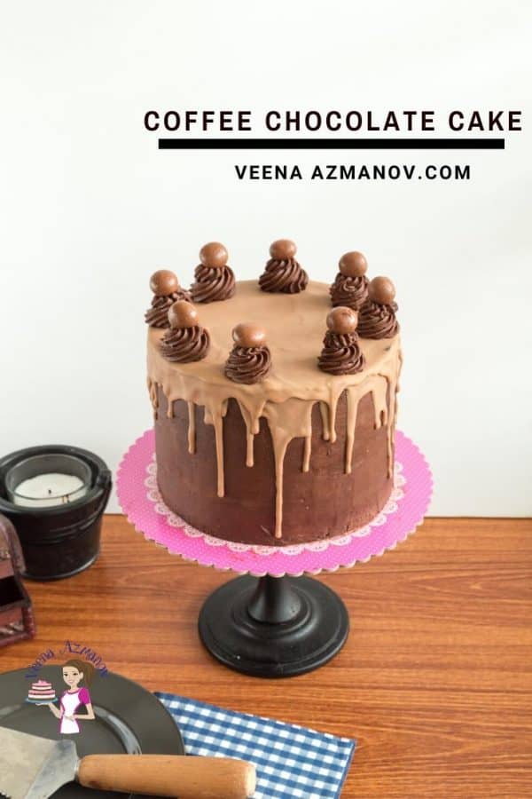 A chocolate cake sitting on top of a cake stand.
