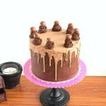 Frosted chocolate cake on the table.