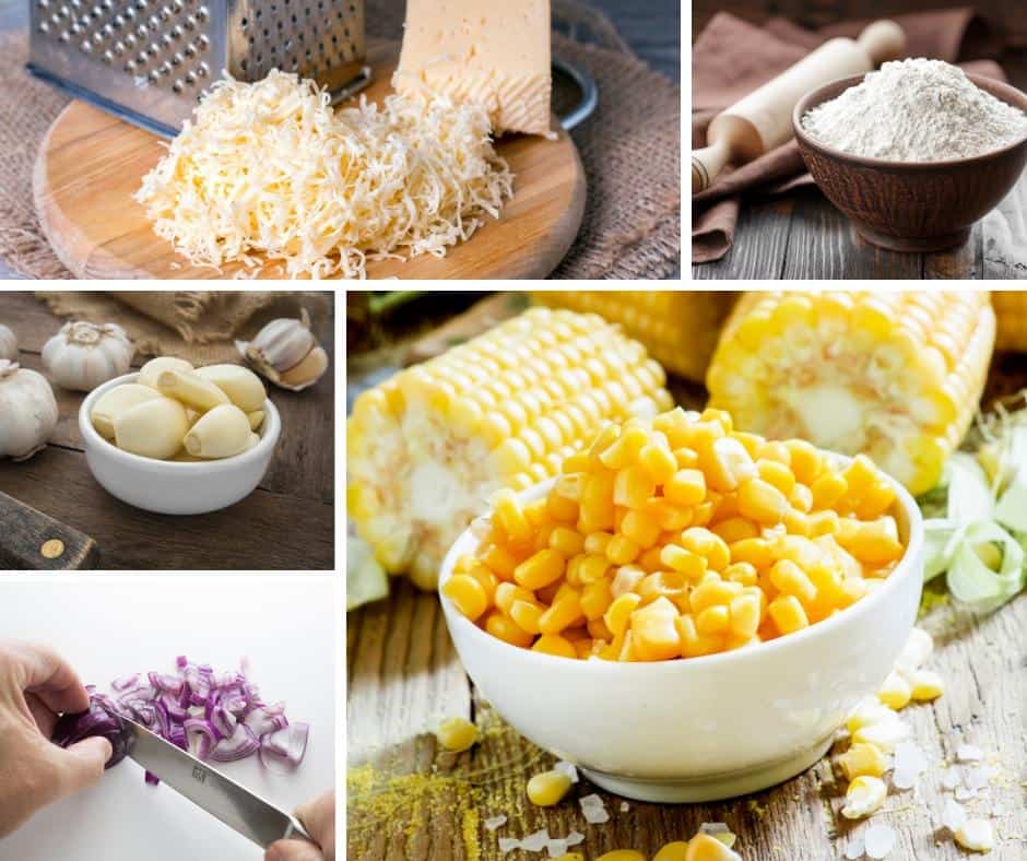 A collage of the ingredients needed to make corn fritters.