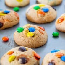 Cookies with M&Ms on a table.