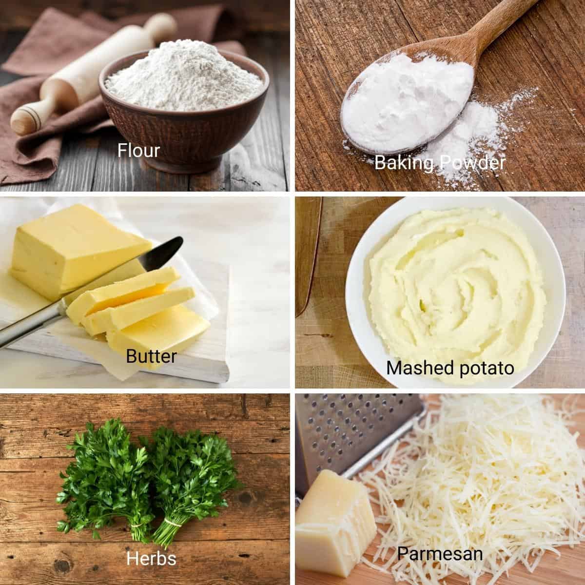 Ingredients shot collage for potato flatbread.