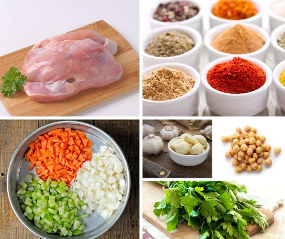 A collage of the ingredients for making Moroccan chicken stew.