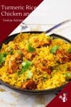 A skillet with chicken and rice.