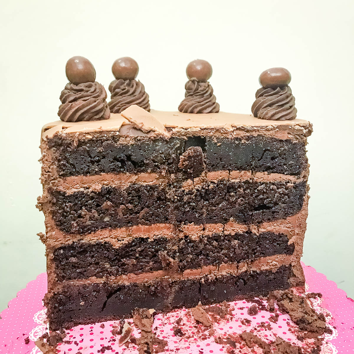 Half a Coffee Chocolate Cake on the table.
