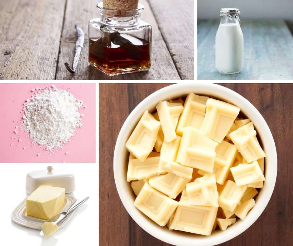 A collage of the ingredients for making white chocolate buttercream.