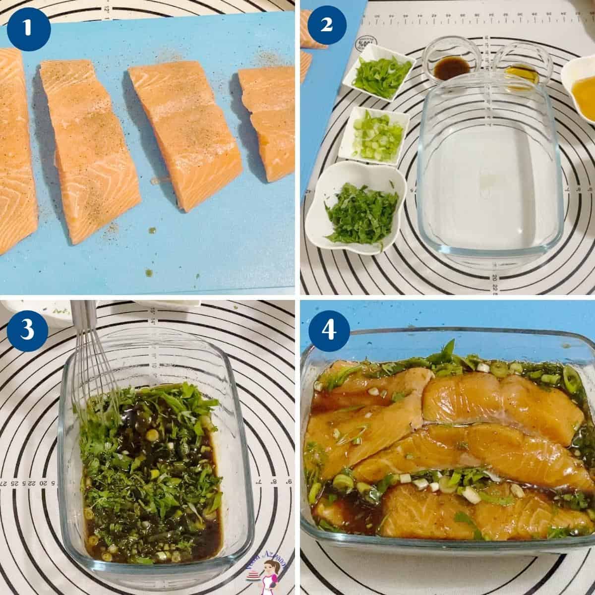 Progress pictures for balsamic salmon.