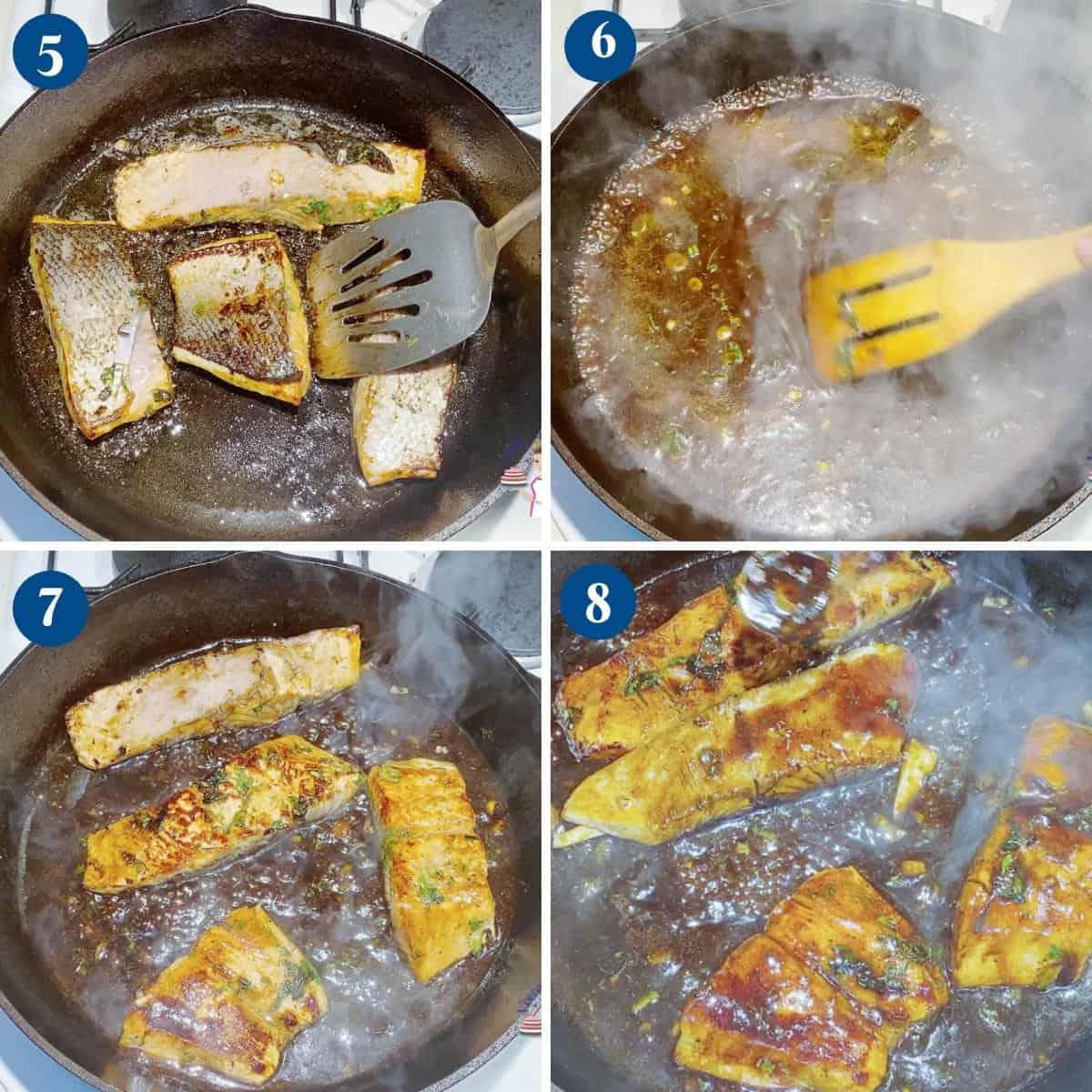 Progress pictures for balsamic salmon.
