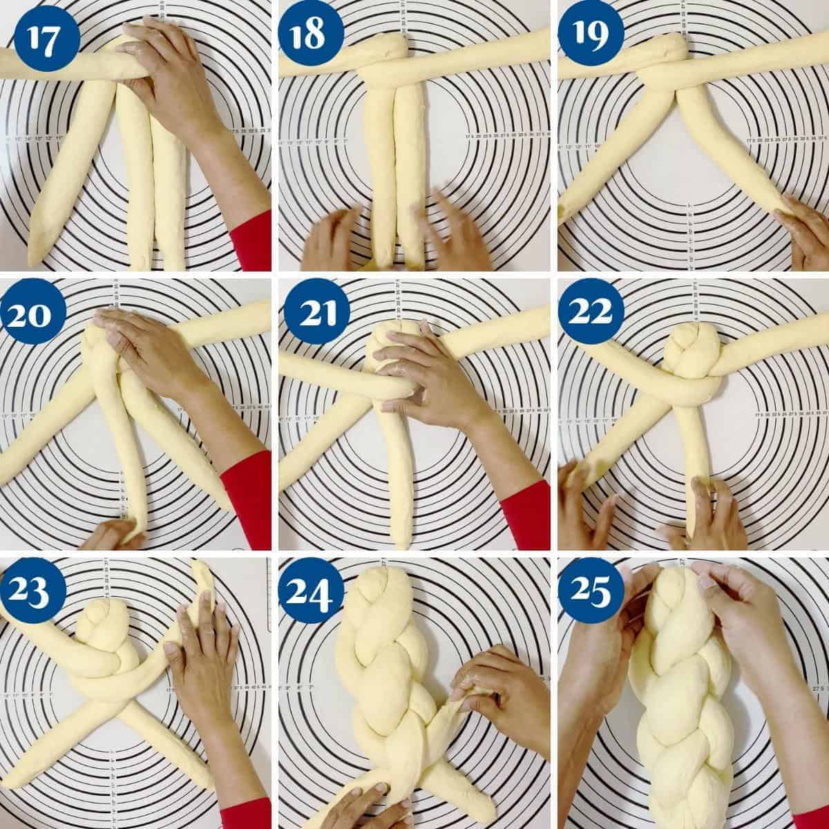 Progress pictures collage braiding four braid challah.
