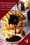 A stack of waffles with chocolate syrup on a plate.
