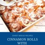 Pinterest image for condensed milk glazed cinnamon rolls.