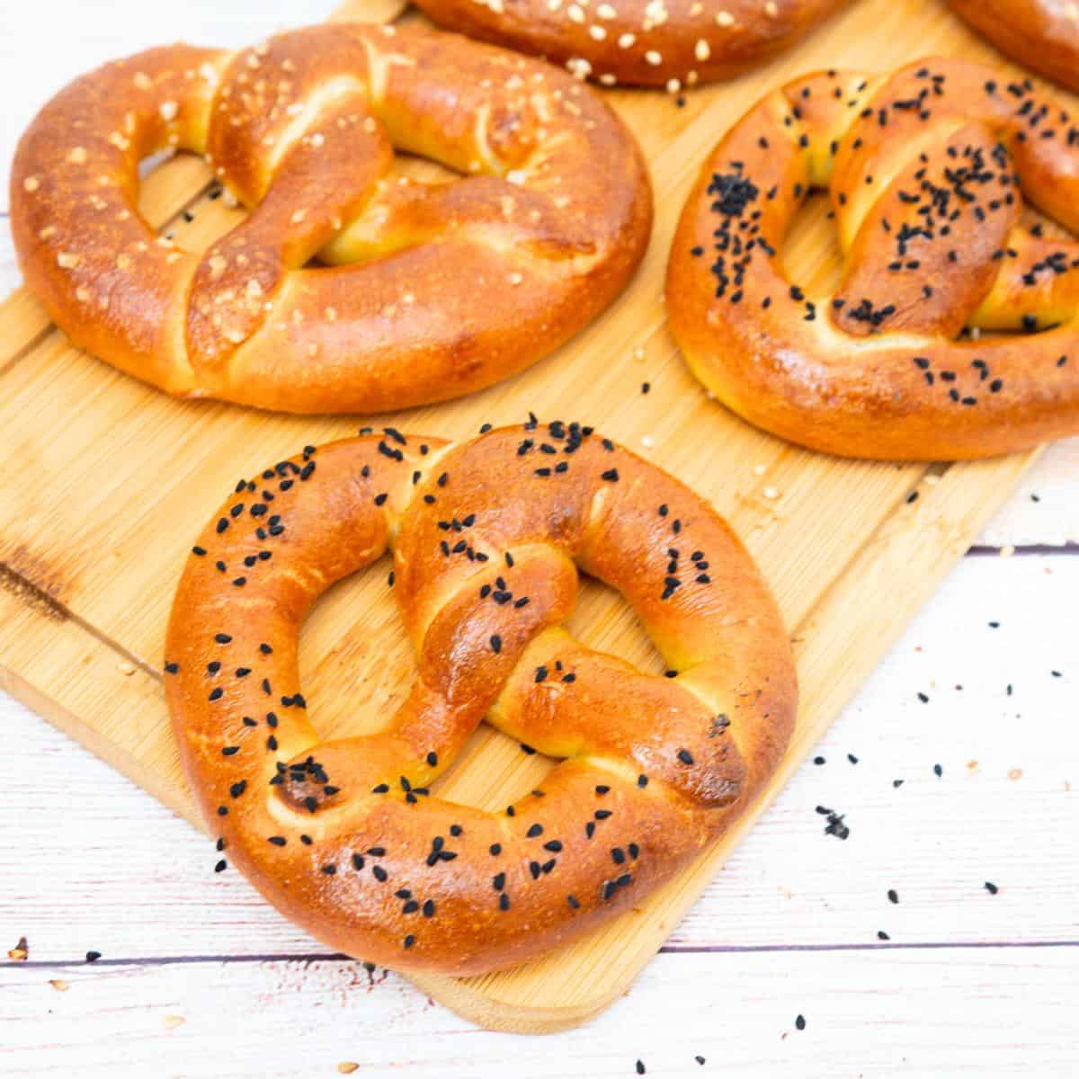 Pretzels on a wooden board.