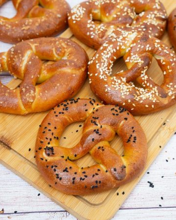 Pretzels on a wooden board.