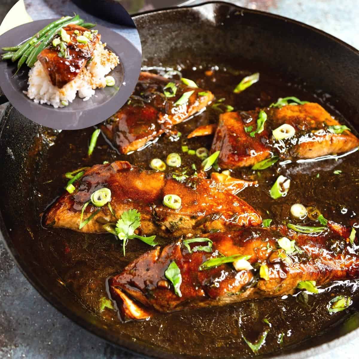 A skillet with salmon in balsamic glaze.
