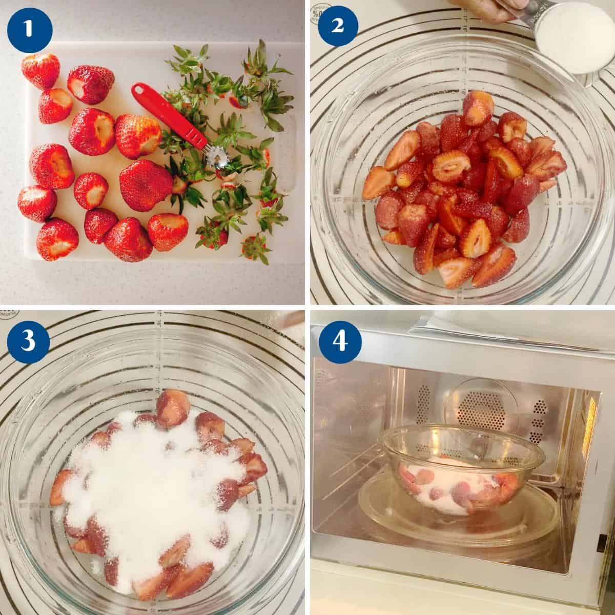 Progress pictures for microwave strawberry jam.