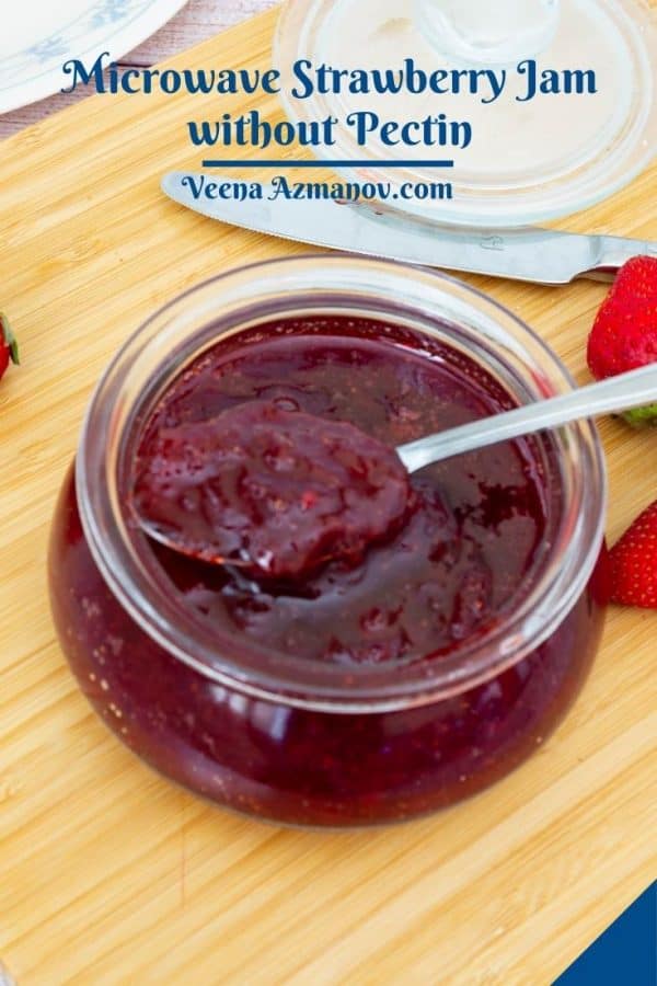 Pinterest image for strawberry jam in the microwave.