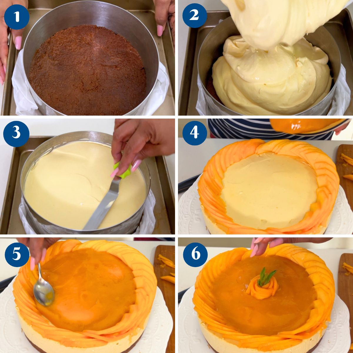 Progress pictures assembling the no bake mango cheesecake.