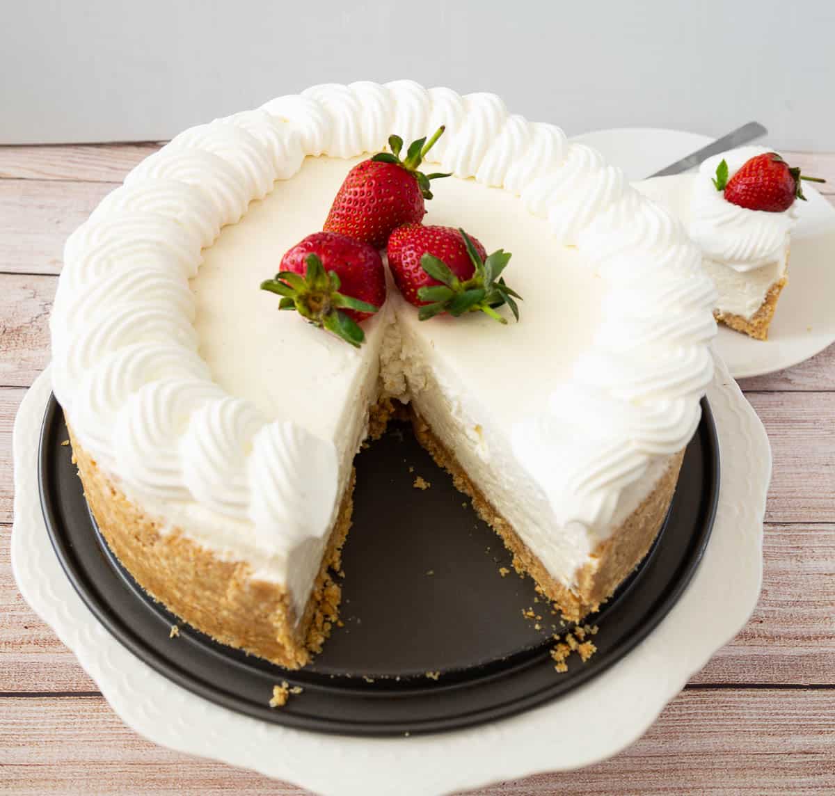 cheesecake on a cake stand.