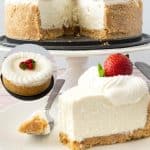 A frosted cheesecake on a stand.