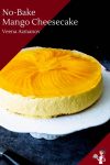 A jello topped no bake cheesecake with fresh mango slices
