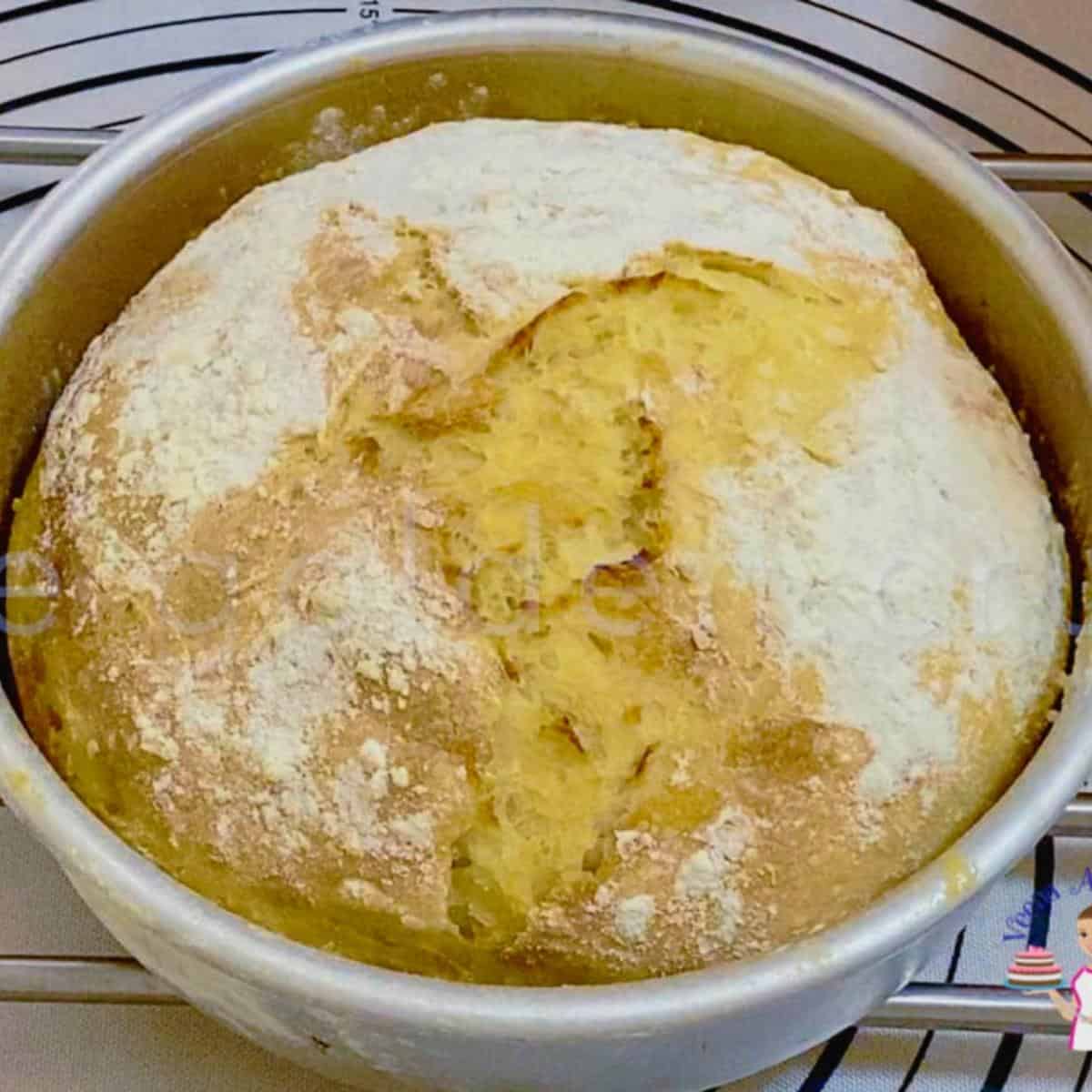Baked bread in a 8-inch pan.
