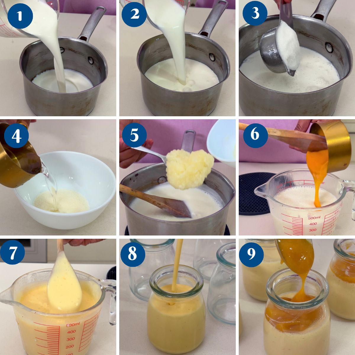 Progress pictures making mango panna cotta.