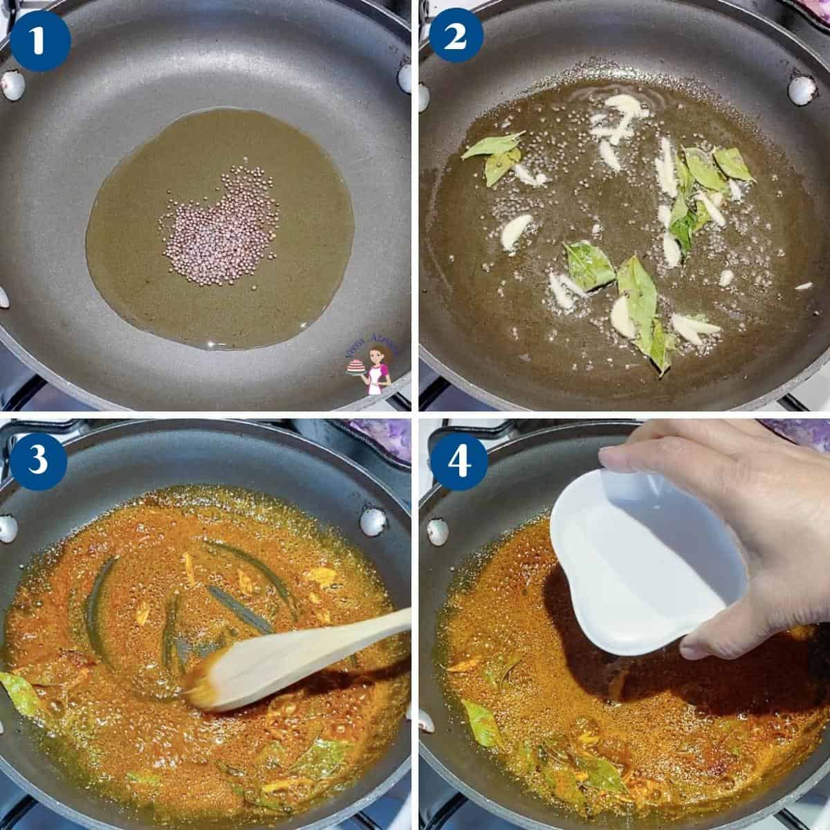 Progress pictures collage for curry with shrimp, prawns.