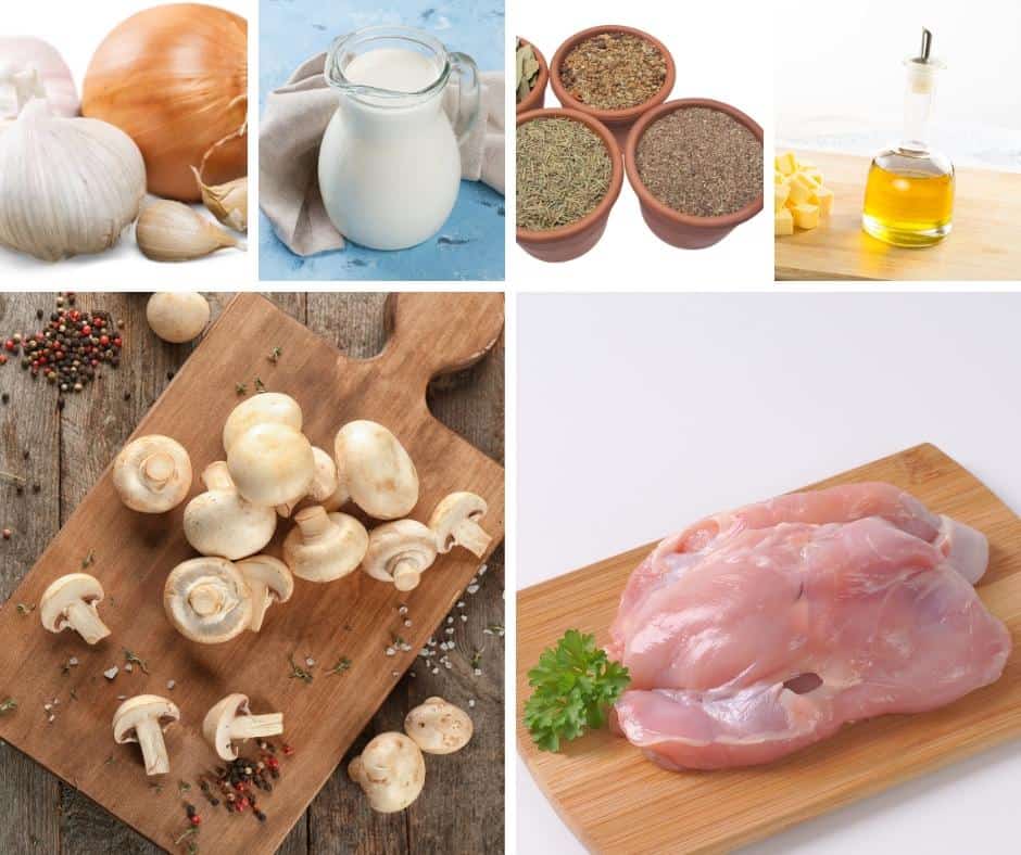 A collage of the ingredients needed to make chicken with mushrooms sauce.
