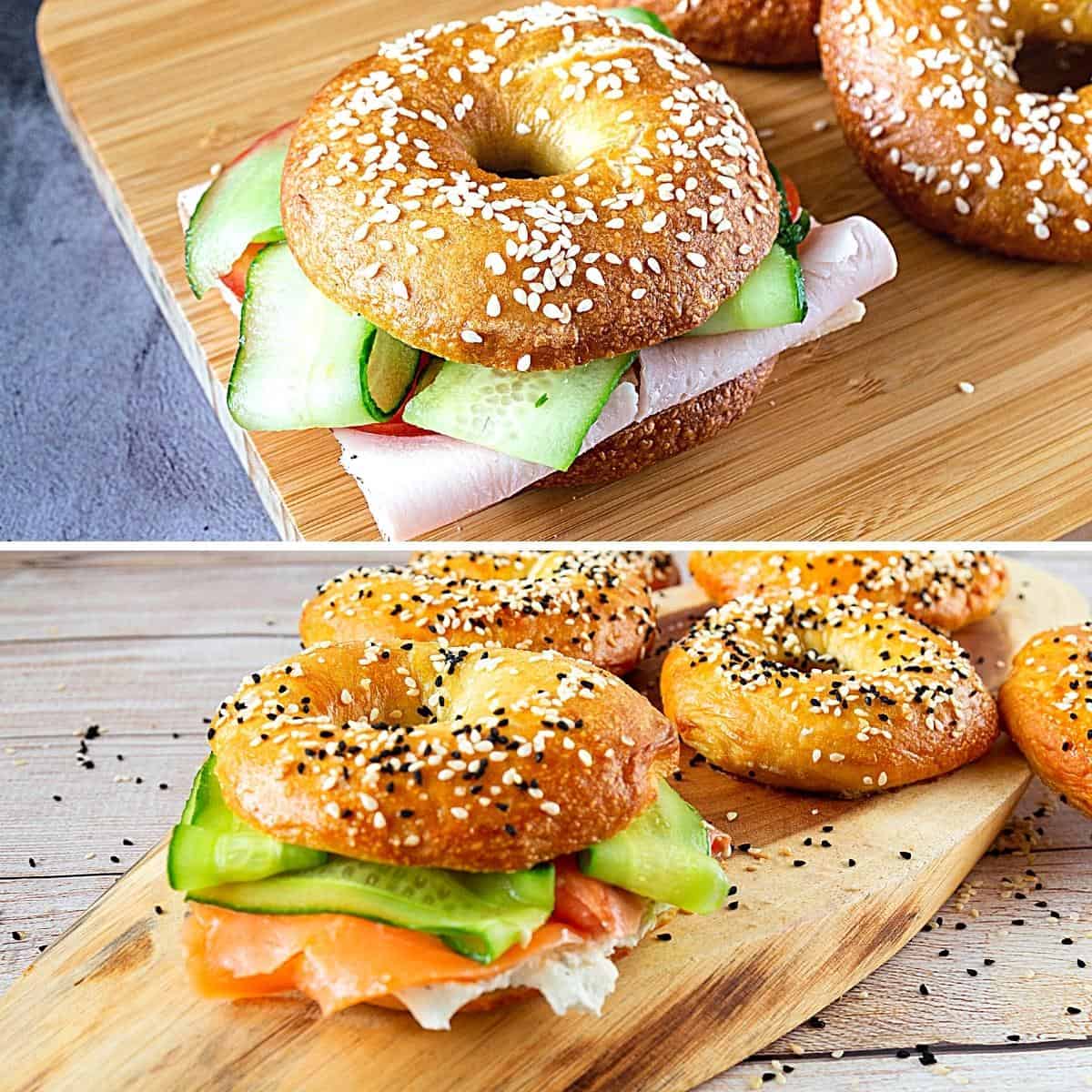 Two bagel sandwiches one with pastrami or lox.