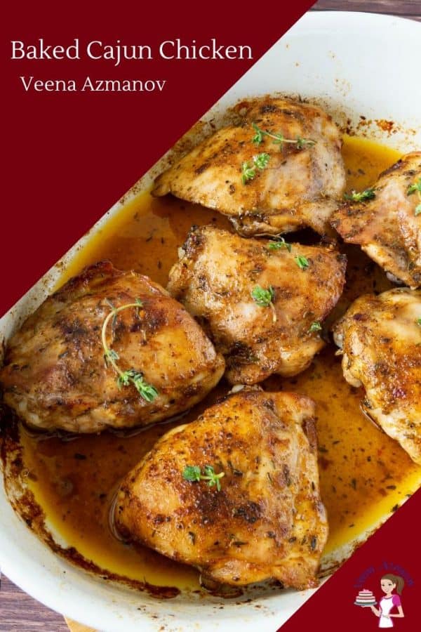 A close up of a baking dish with baked chicken thighs.