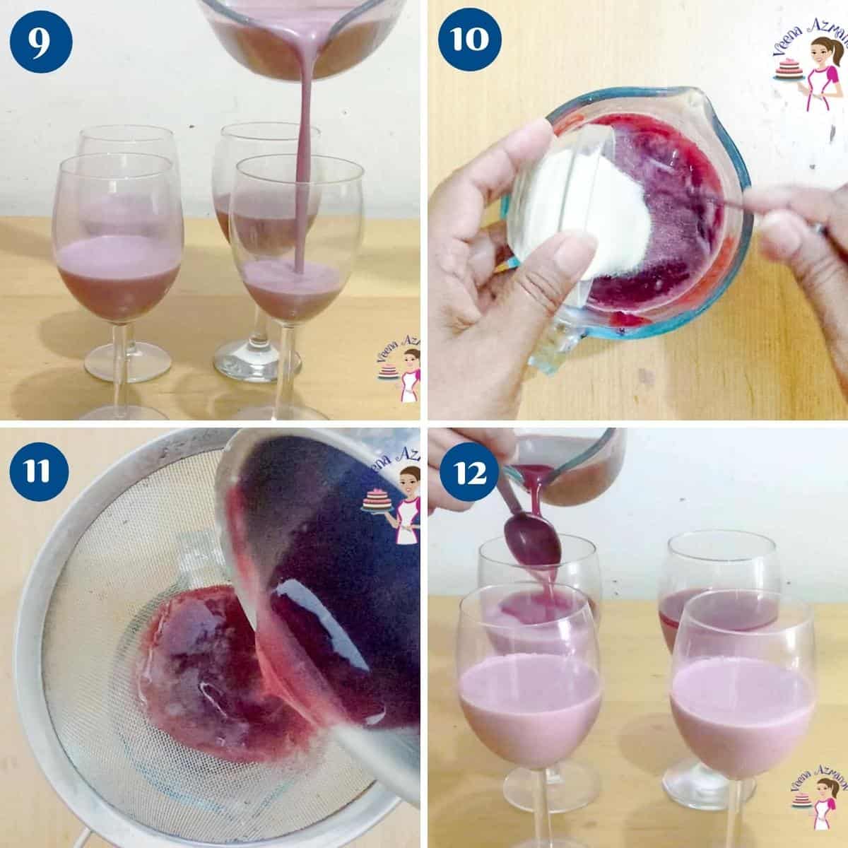Progress pictures pouring panna cotta in wine glasses.