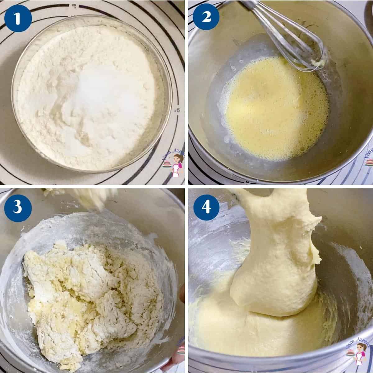 Progress pictures for making brioche dough.