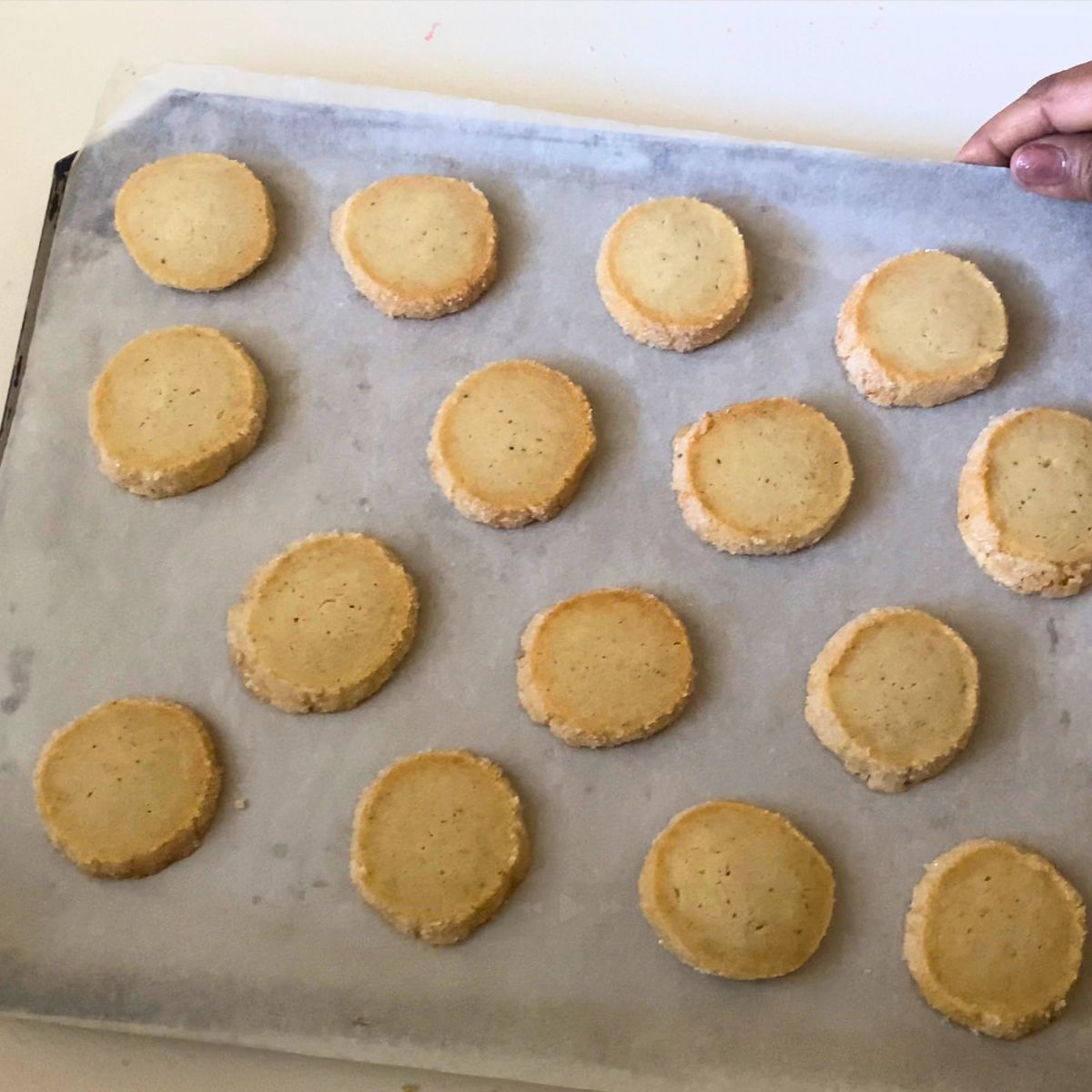 A baking tray with fresh baked cardamom cookies.