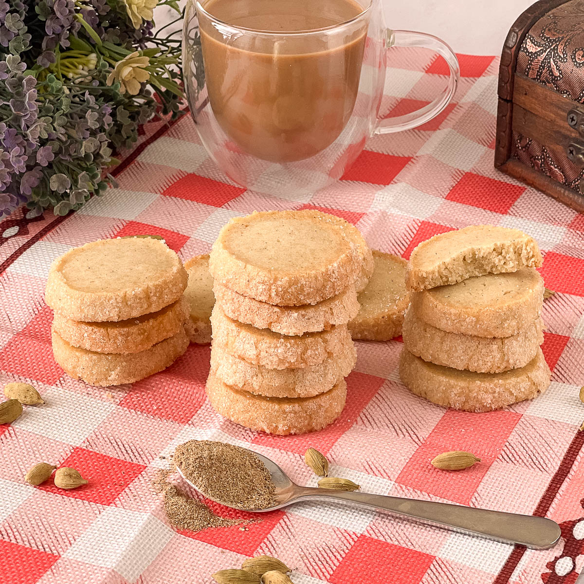 A stack of butter cookies on the table.
