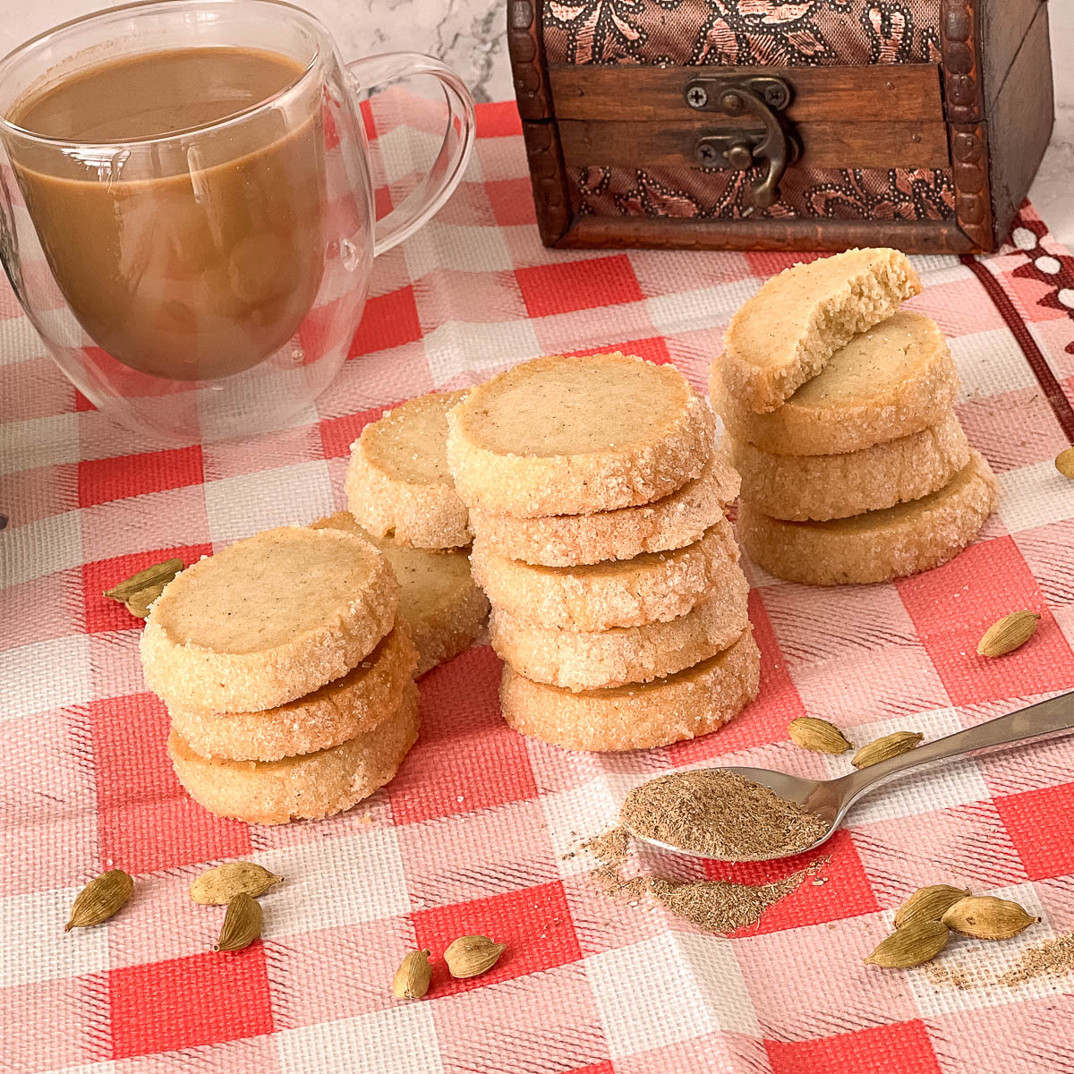 A stack of butter cookies with cardamom.