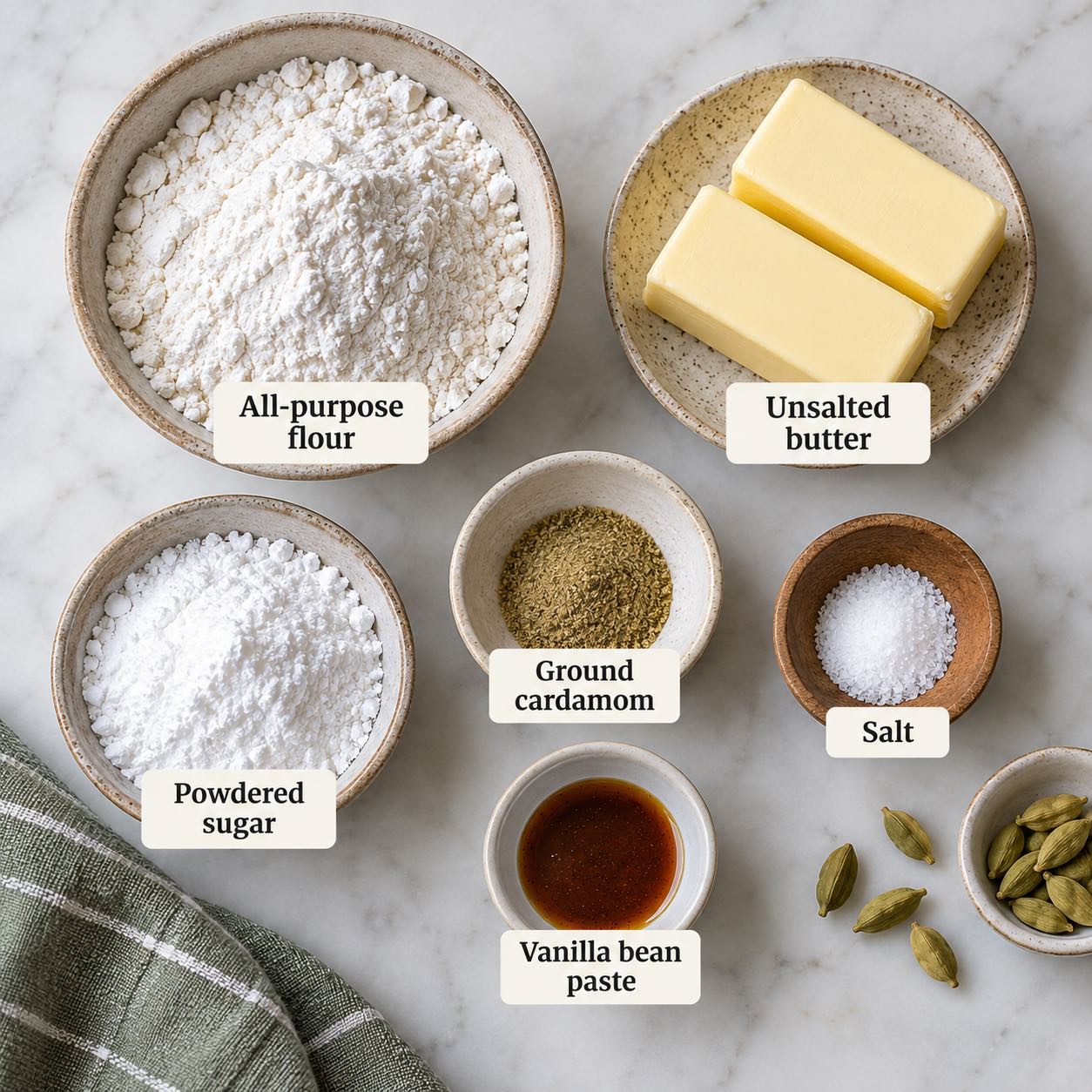 Ingredients for Cardamom Slice and Bake Cookies.